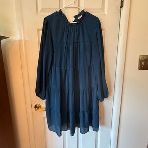 Blue Pleated Long Sleeve Sundress